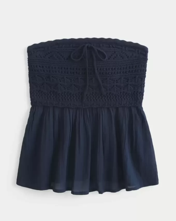 Blusa sin tirantes de mezcla de telas estilo crochet fácil
