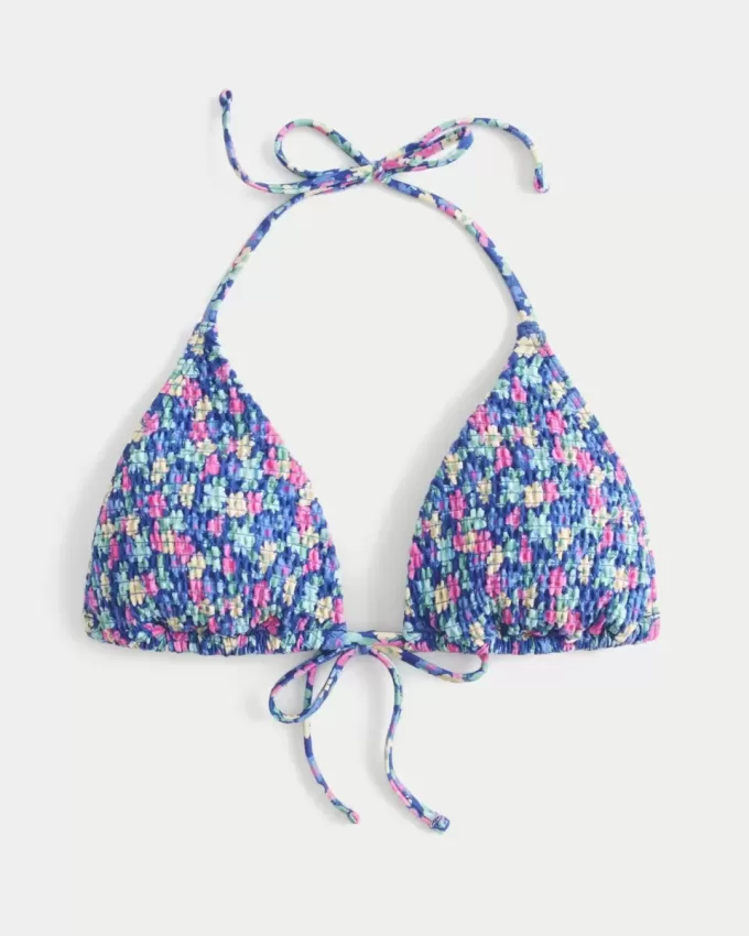 Top de bikini triangular con cuello halter fruncido Top de bikini triangular con cuello halter fruncido