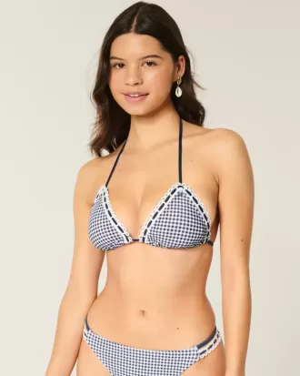 Top de bikini triangular con cuello halter y ribete de crochet