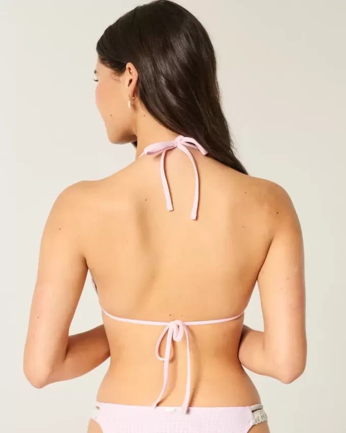Top de bikini triangular con cuello halter y ribete de crochet