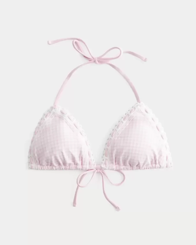 Top de bikini triangular con cuello halter y ribete de crochet