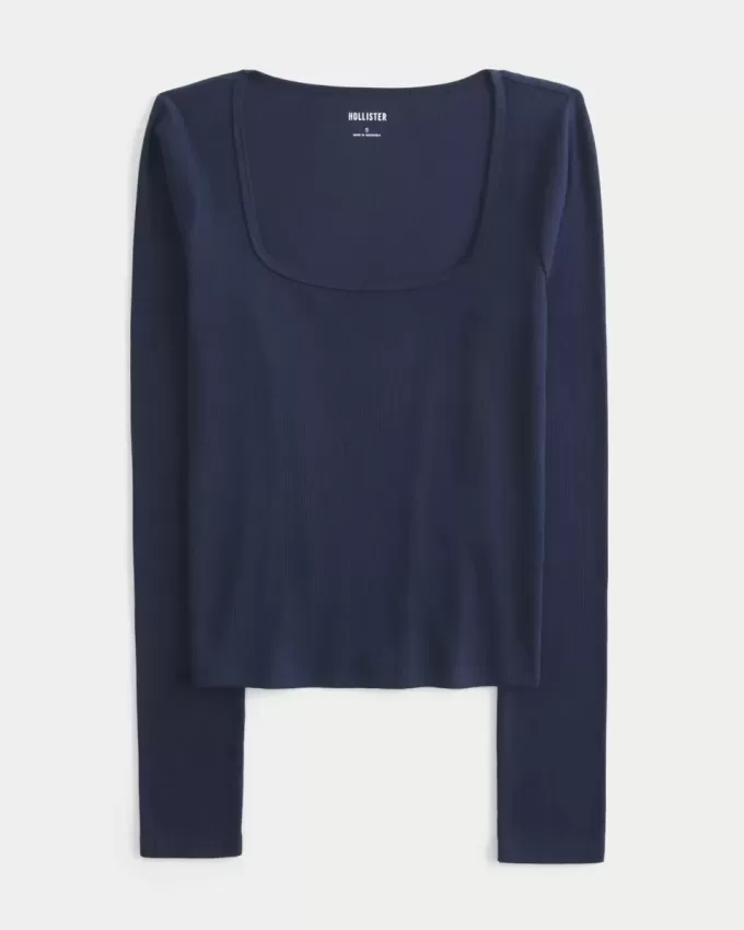 Top de manga larga con cuello cuadrado Top de manga larga con cuello cuadrado