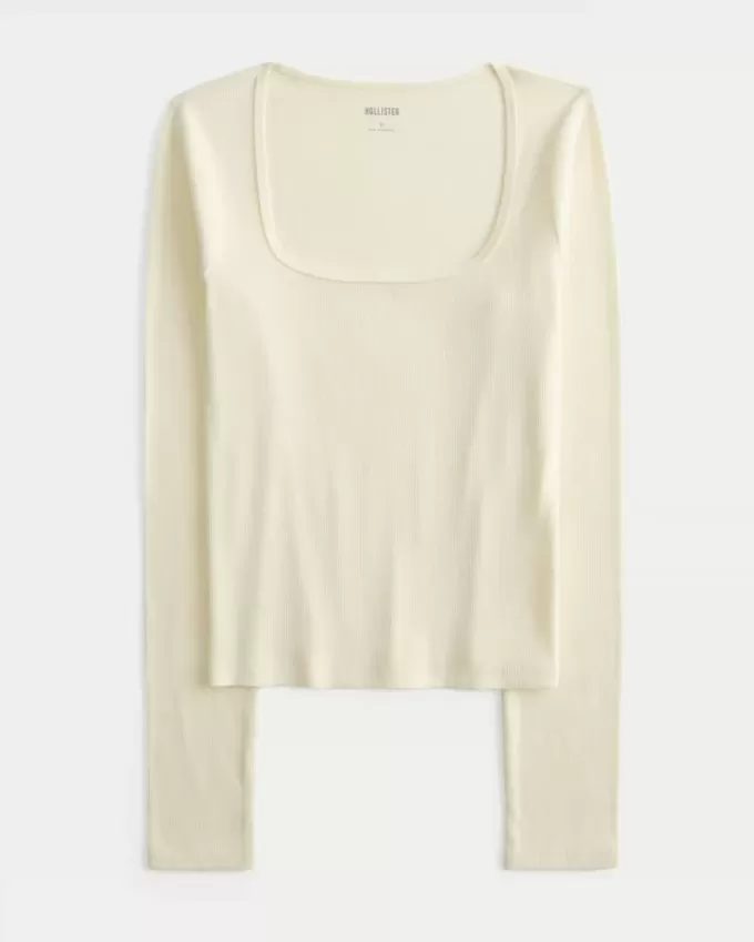 Top de manga larga con cuello cuadrado Top de manga larga con cuello cuadrado
