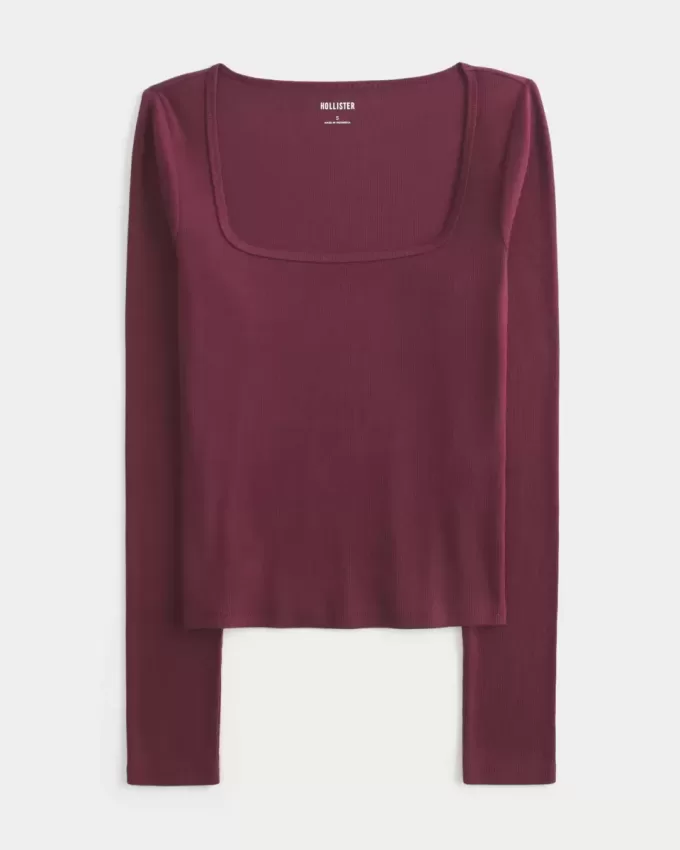 Top de manga larga con cuello cuadrado Top de manga larga con cuello cuadrado