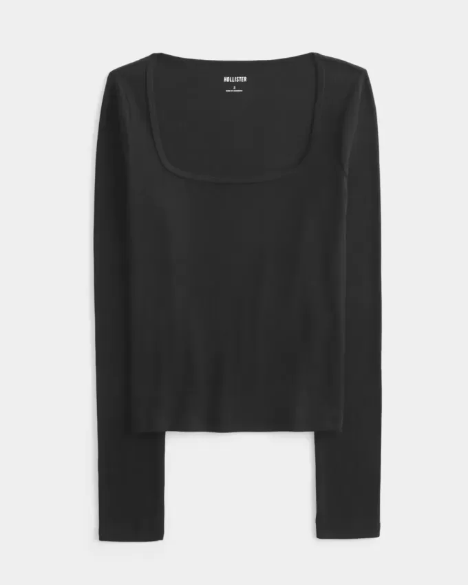 Top de manga larga con cuello cuadrado Top de manga larga con cuello cuadrado
