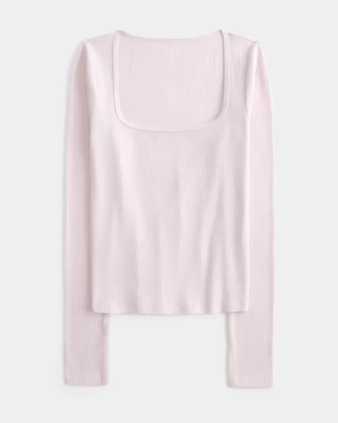Top de manga larga con cuello cuadrado Top de manga larga con cuello cuadrado