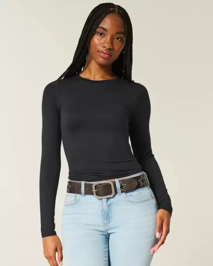 Top de manga larga con cuello redondo y tejido sin costuras Top de manga larga con cuello redondo y tejido sin costuras