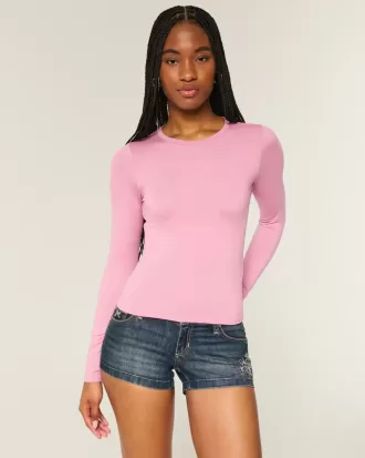 Top de manga larga con cuello redondo y tejido sin costuras