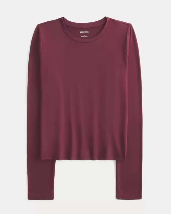 Top de manga larga con cuello redondo y tejido sin costuras Top de manga larga con cuello redondo y tejido sin costuras