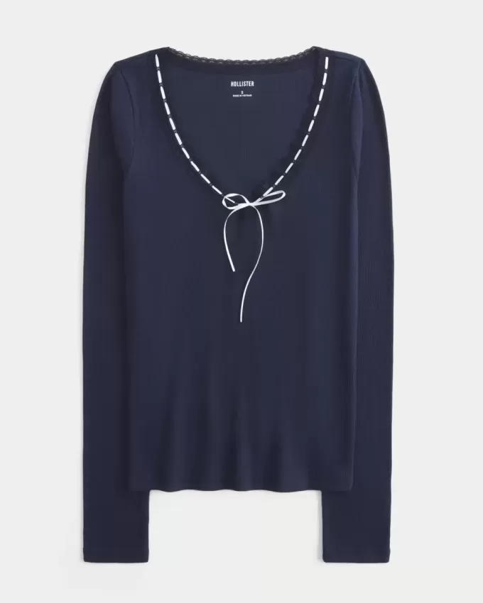 Top de manga larga con ribete de encaje Top de manga larga con ribete de encaje