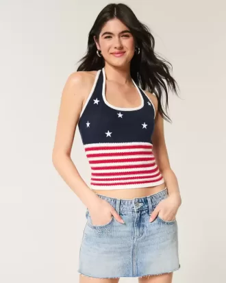 Top halter estilo crochet con patrón de bandera estadounidense