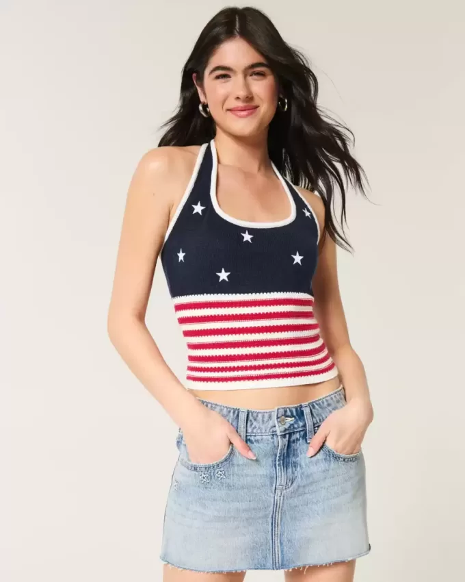 Top halter estilo crochet con patrón de bandera estadounidense Top halter estilo crochet con patrón de bandera estadounidense