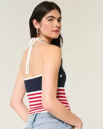 Top halter estilo crochet con patrón de bandera estadounidense