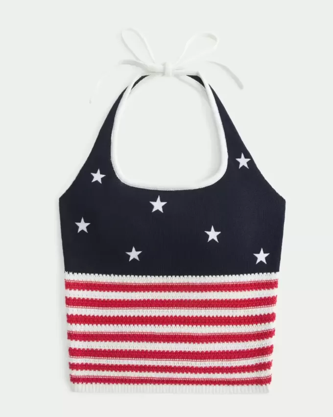 Top halter estilo crochet con patrón de bandera estadounidense Top halter estilo crochet con patrón de bandera estadounidense