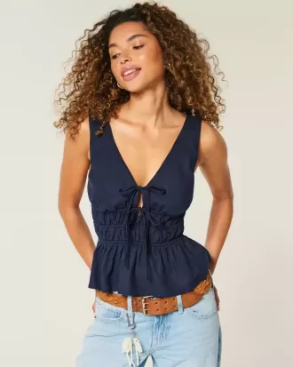 Top peplum con lazo delantero en mezcla de lino