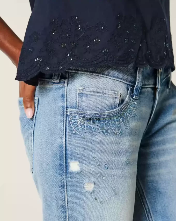 Vaqueros acampanados con lentejuelas, lavado claro y desgastado, de tiro ultrabajo