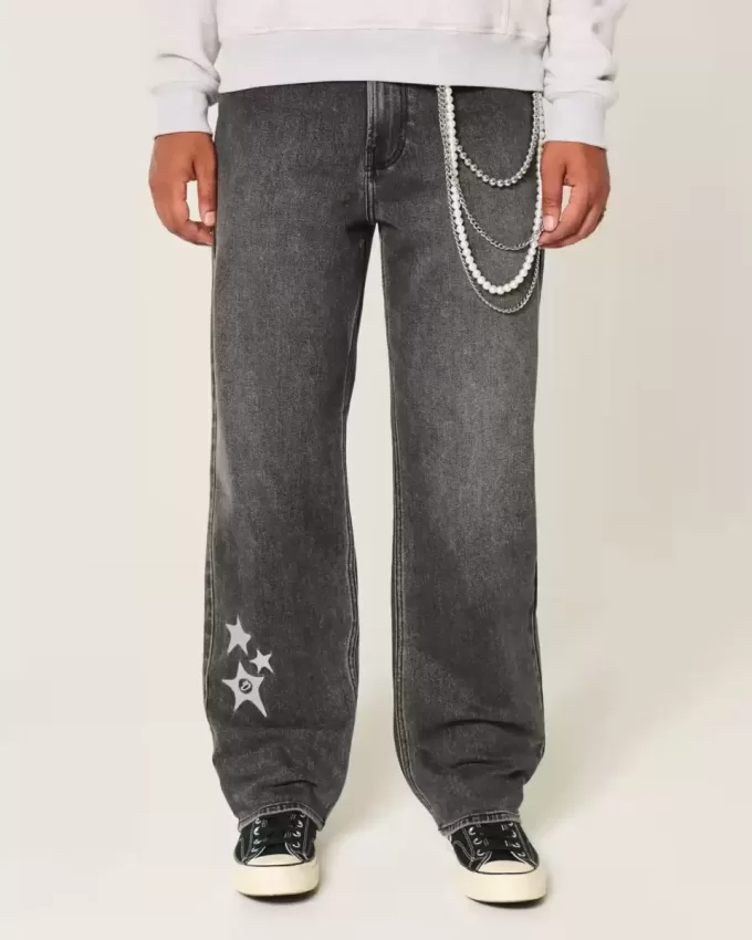 Vaqueros holgados con estampado de estrellas negras lavadas Vaqueros holgados con estampado de estrellas negras lavadas