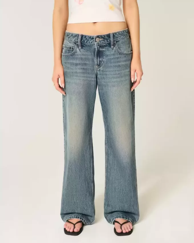 Vaqueros holgados de talle bajo con cintura ajustable y lavado medio Vaqueros holgados de talle bajo con cintura ajustable y lavado medio