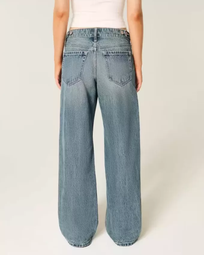 Vaqueros holgados de talle bajo con cintura ajustable y lavado medio Vaqueros holgados de talle bajo con cintura ajustable y lavado medio