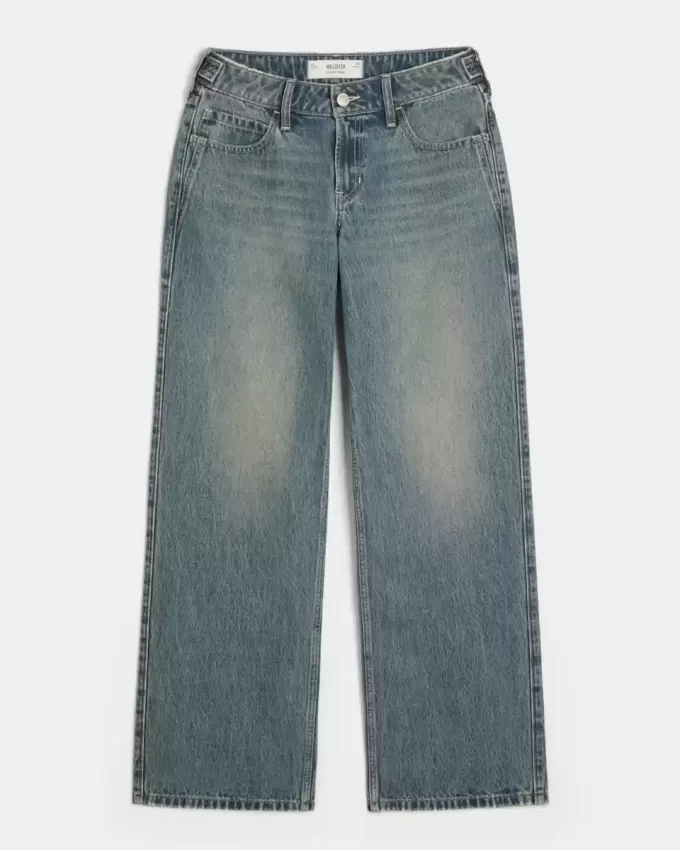 Vaqueros holgados de talle bajo con cintura ajustable y lavado medio Vaqueros holgados de talle bajo con cintura ajustable y lavado medio