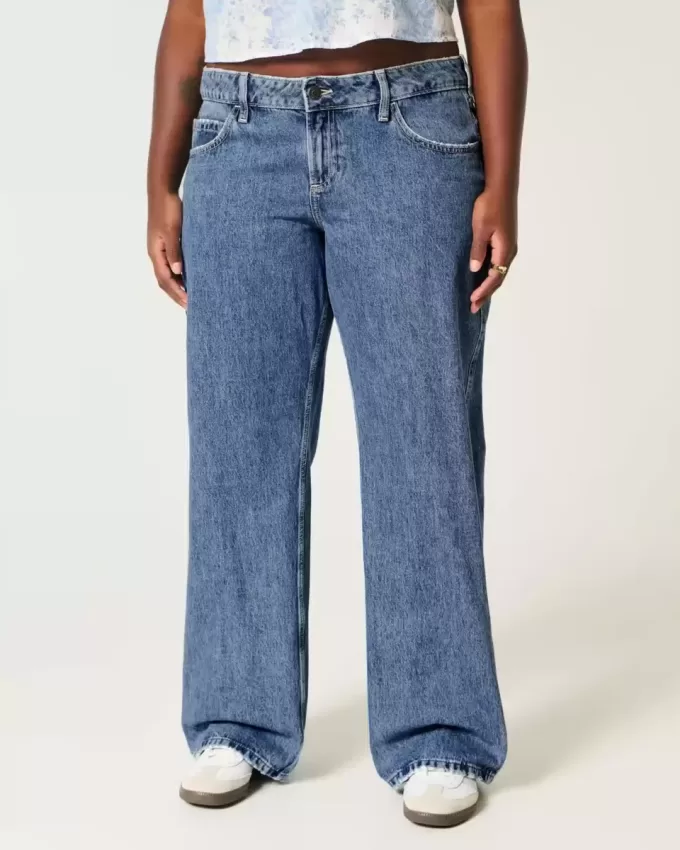 Vaqueros holgados de talle bajo con lavado medio y curvas Vaqueros holgados de talle bajo con lavado medio y curvas