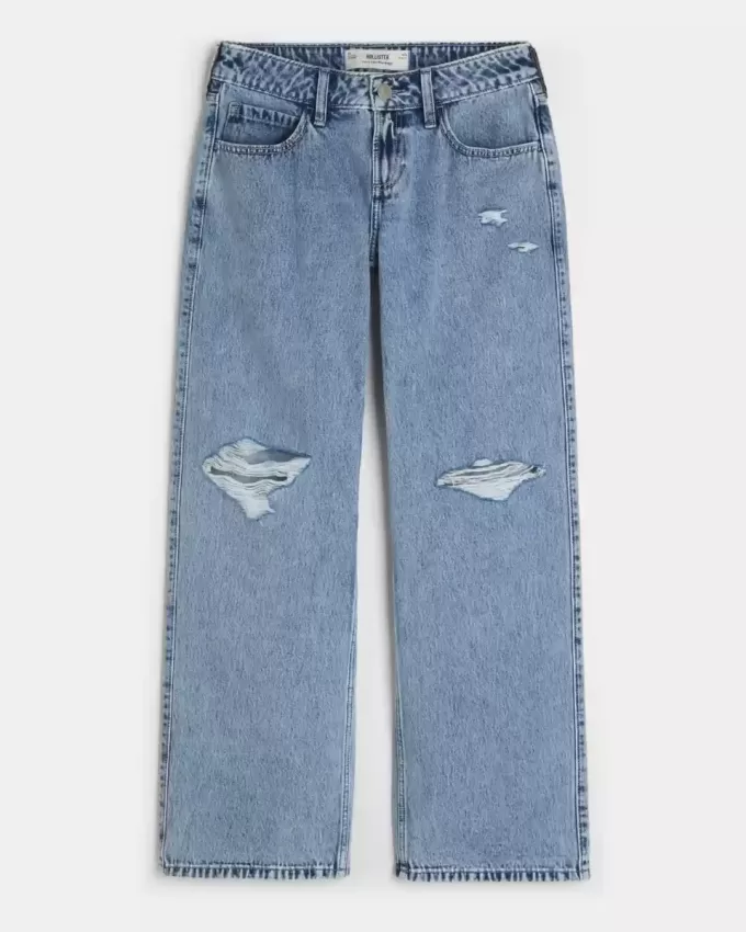 Vaqueros holgados de talle bajo con lavado medio y rotos con curvas Vaqueros holgados de talle bajo con lavado medio y rotos con curvas