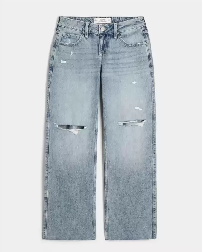 Vaqueros holgados de talle bajo con lavado medio y rotos con curvas Vaqueros holgados de talle bajo con lavado medio y rotos con curvas