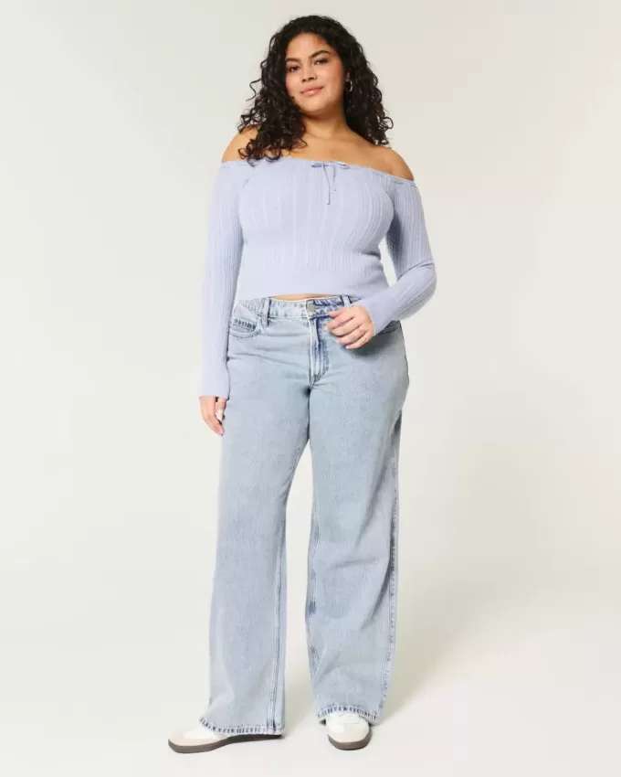 Vaqueros holgados de talle medio con curvas y lavado medio Vaqueros holgados de talle medio con curvas y lavado medio