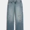 Vaqueros holgados de tiro bajo con lavado medio y estampado de estrellas Vaqueros holgados de tiro bajo con lavado medio y estampado de estrellas