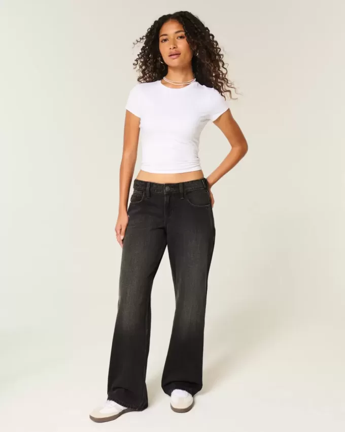 Vaqueros holgados negros lavados con cintura ajustable y tiro bajo Vaqueros holgados negros lavados con cintura ajustable y tiro bajo