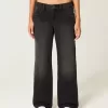 Vaqueros holgados negros lavados con cintura ajustable y tiro bajo Vaqueros holgados negros lavados con cintura ajustable y tiro bajo
