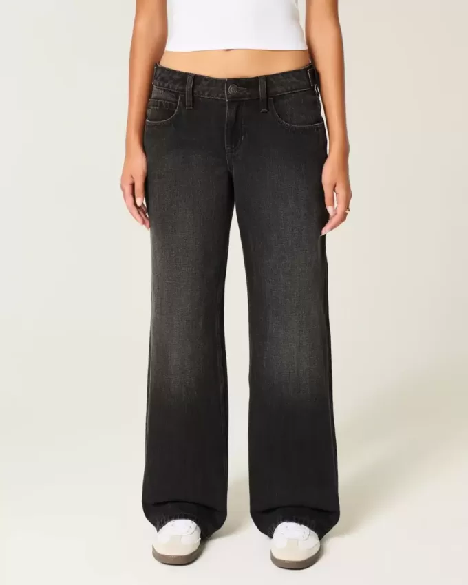 Vaqueros holgados negros lavados con cintura ajustable y tiro bajo Vaqueros holgados negros lavados con cintura ajustable y tiro bajo