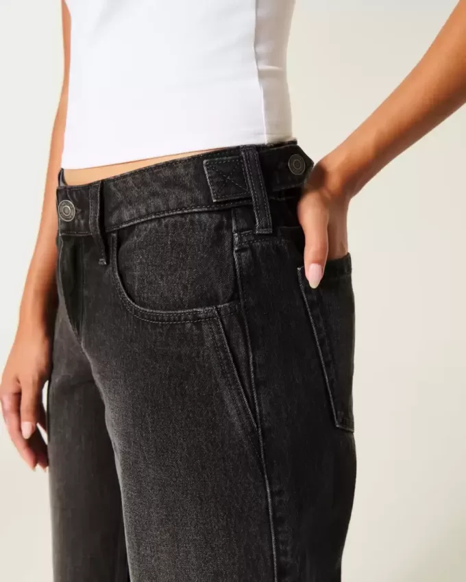 Vaqueros holgados negros lavados con cintura ajustable y tiro bajo Vaqueros holgados negros lavados con cintura ajustable y tiro bajo