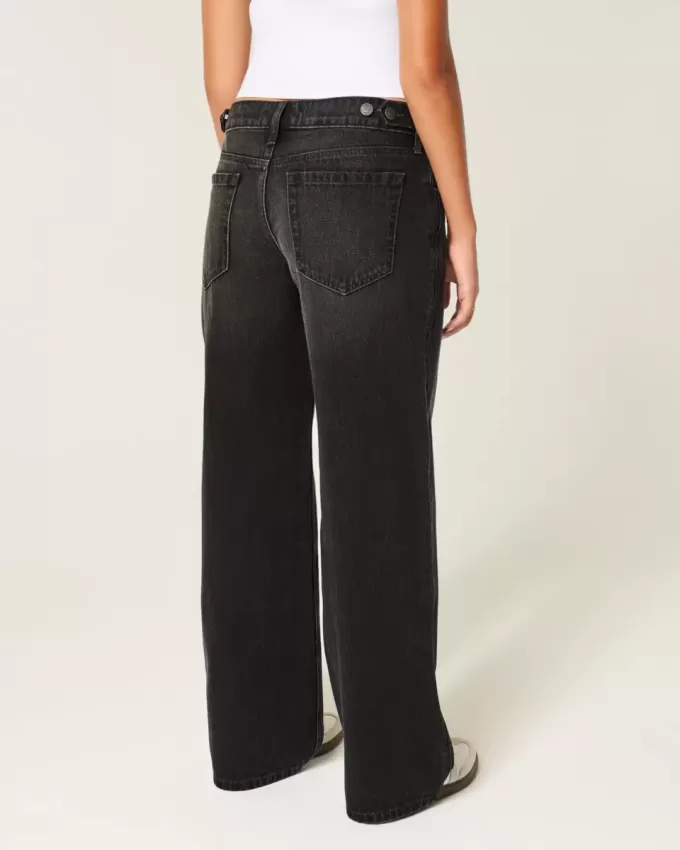 Vaqueros holgados negros lavados con cintura ajustable y tiro bajo Vaqueros holgados negros lavados con cintura ajustable y tiro bajo