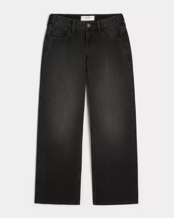 Vaqueros holgados negros lavados con cintura ajustable y tiro bajo Vaqueros holgados negros lavados con cintura ajustable y tiro bajo