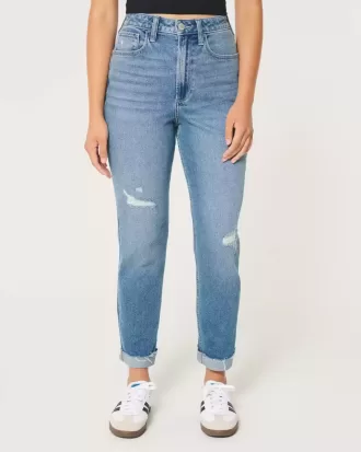 Vaqueros mom de tiro ultraalto con lavado medio rotos y curvas