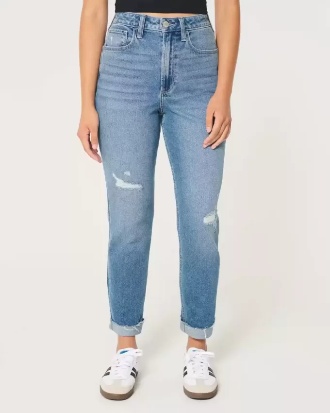 Vaqueros mom de tiro ultraalto con lavado medio rotos y curvas Vaqueros mom de tiro ultraalto con lavado medio rotos y curvas