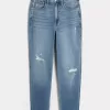 Vaqueros mom de tiro ultraalto con lavado medio rotos y curvas Vaqueros mom de tiro ultraalto con lavado medio rotos y curvas