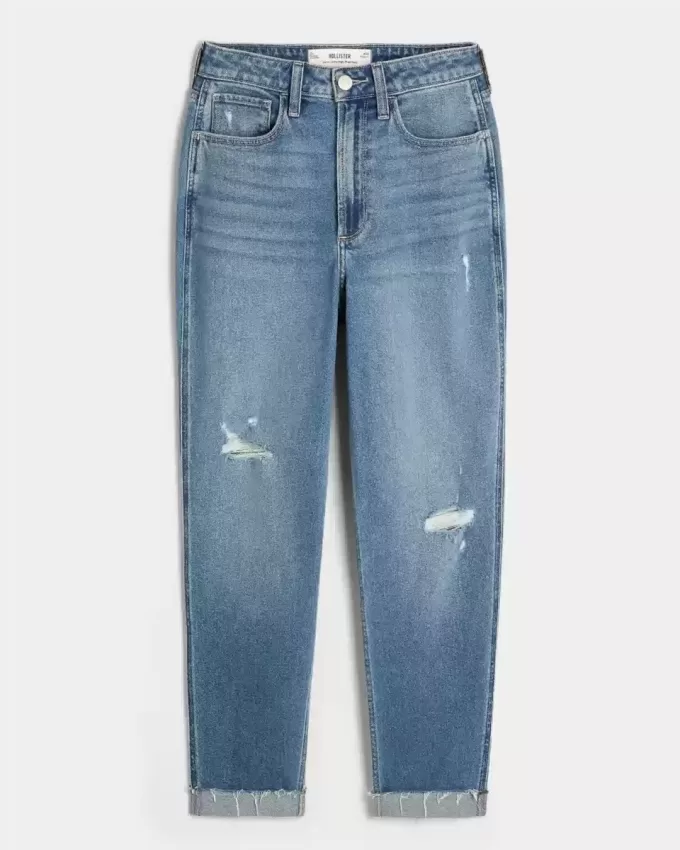 Vaqueros mom de tiro ultraalto con lavado medio rotos y curvas Vaqueros mom de tiro ultraalto con lavado medio rotos y curvas