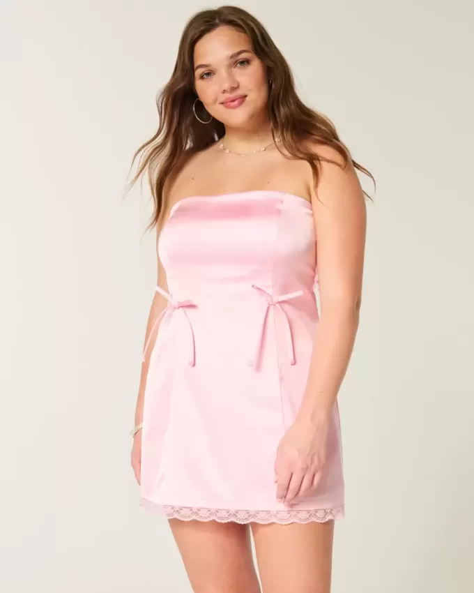 Vestido ajustado de satén sin tirantes con lazo Vestido ajustado de satén sin tirantes con lazo