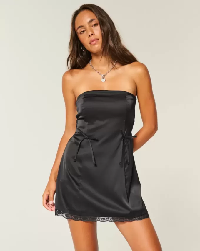 Vestido ajustado de satén sin tirantes con lazo Vestido ajustado de satén sin tirantes con lazo