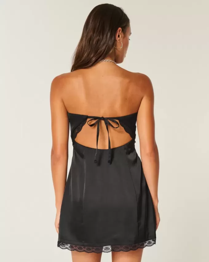 Vestido ajustado de satén sin tirantes con lazo Vestido ajustado de satén sin tirantes con lazo