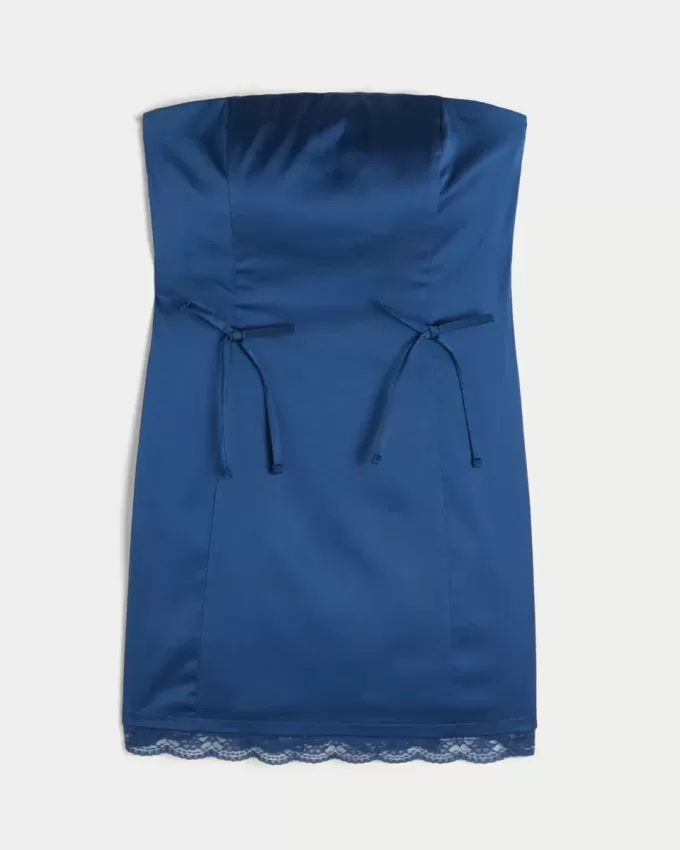 Vestido ajustado de satén sin tirantes con lazo Vestido ajustado de satén sin tirantes con lazo