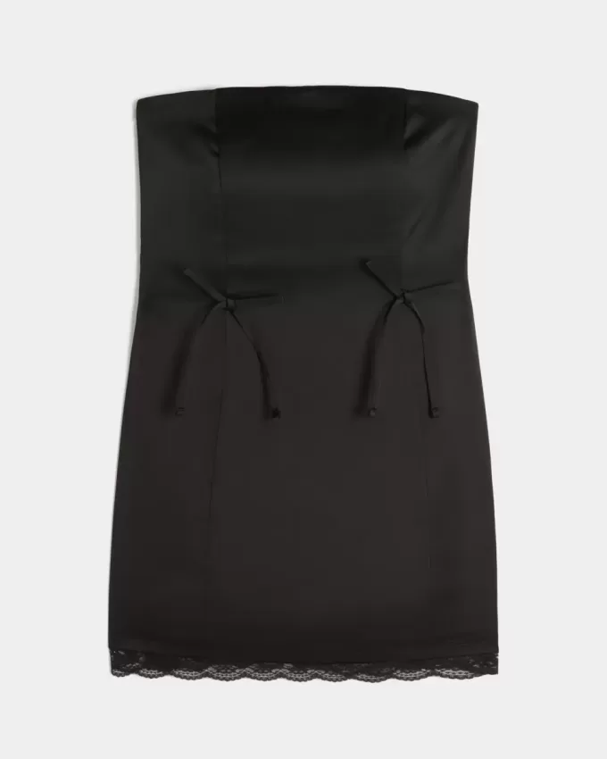 Vestido ajustado de satén sin tirantes con lazo Vestido ajustado de satén sin tirantes con lazo