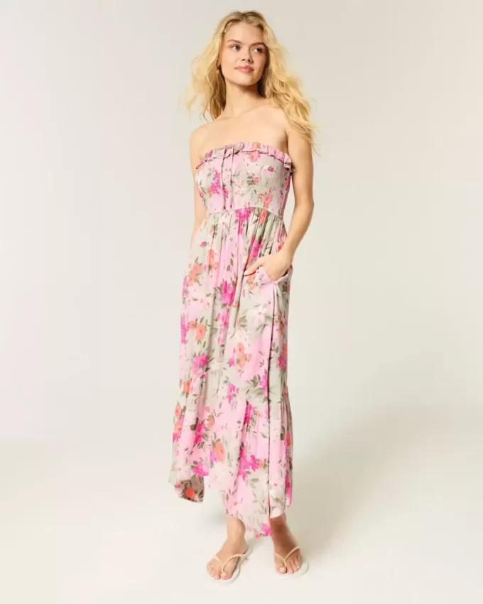 Vestido largo fruncido sin tirantes