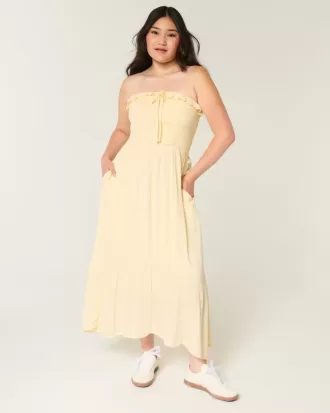 Vestido largo fruncido sin tirantes