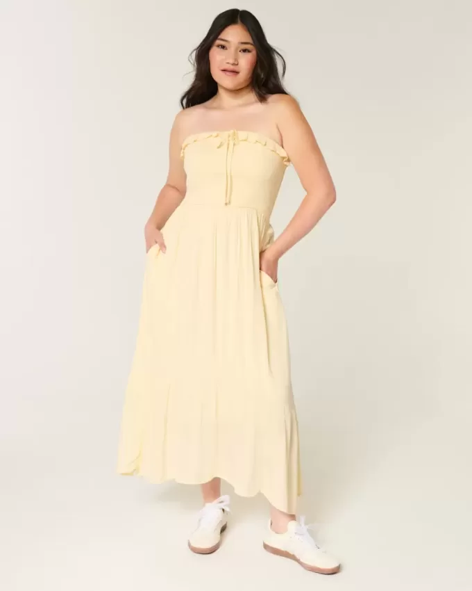 Vestido largo fruncido sin tirantes