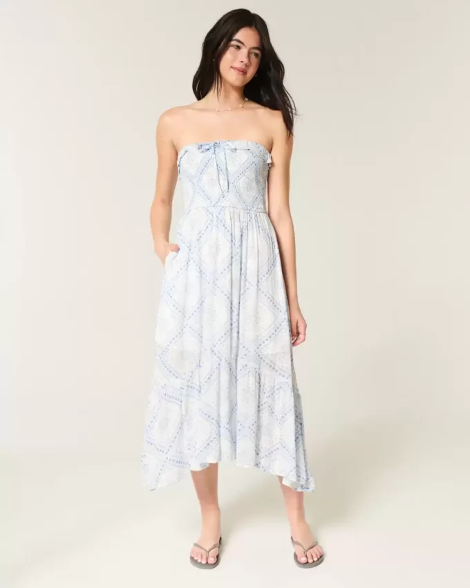 Vestido largo fruncido sin tirantes