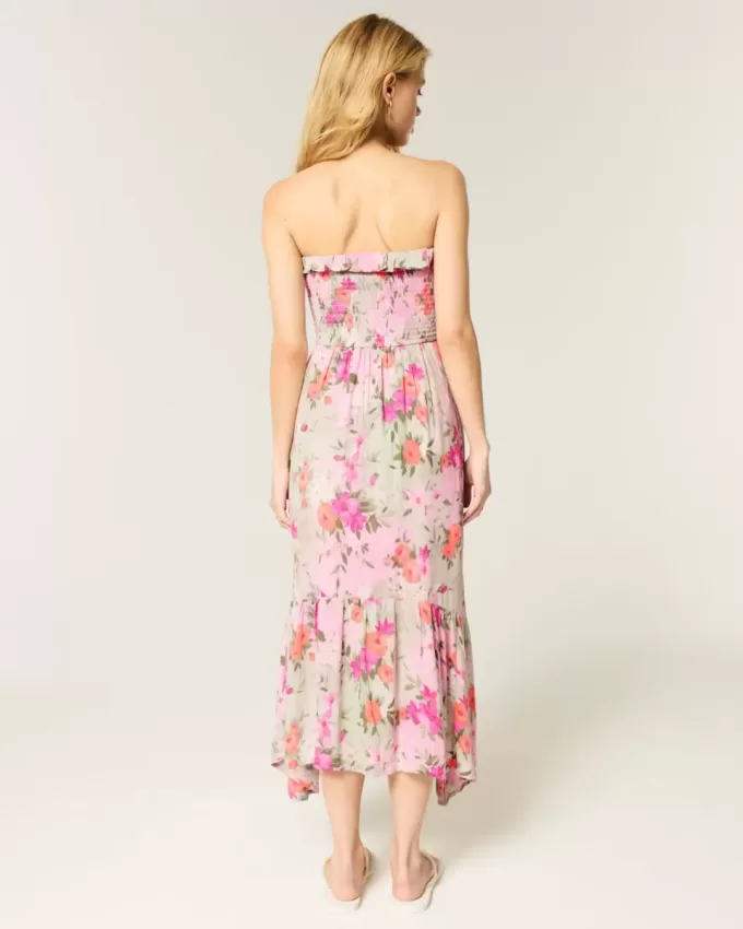 Vestido largo fruncido sin tirantes