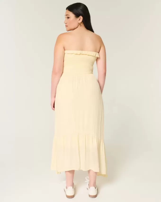 Vestido largo fruncido sin tirantes